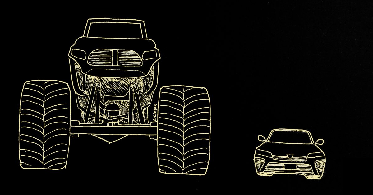 Fabulous hand drawing of a monster truck and a Honda Civic Fabulous hand drawing of a monster truck and a Honda Civic